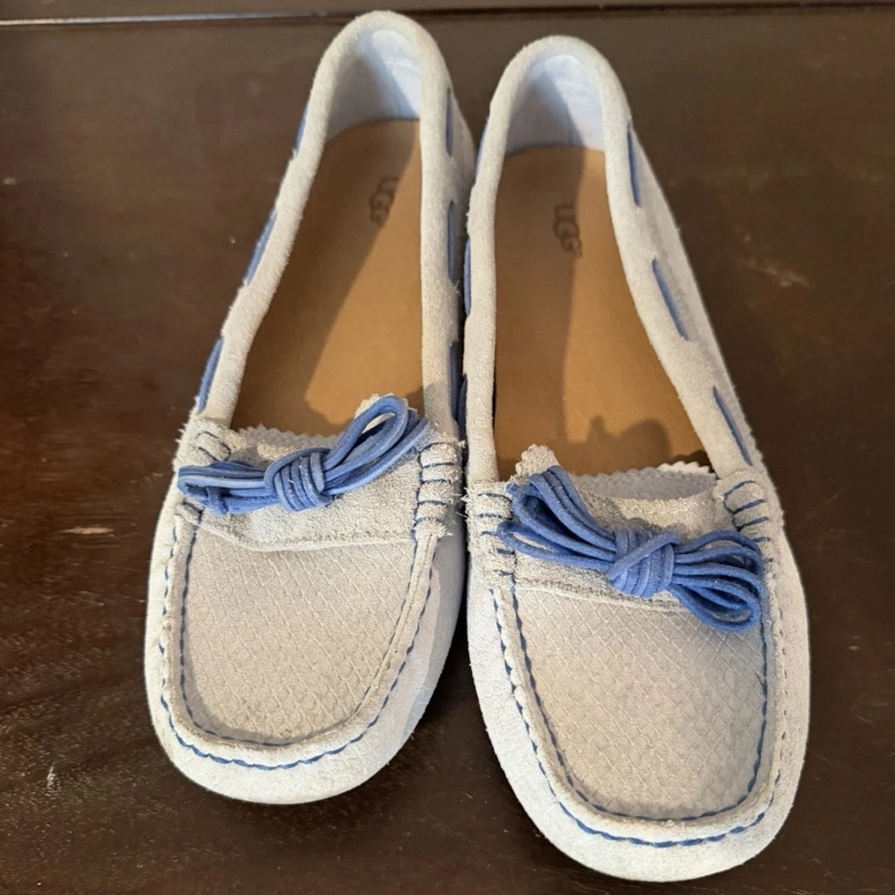 UGG Women’s Light Blue Suede Moccasin Loafers With Bow